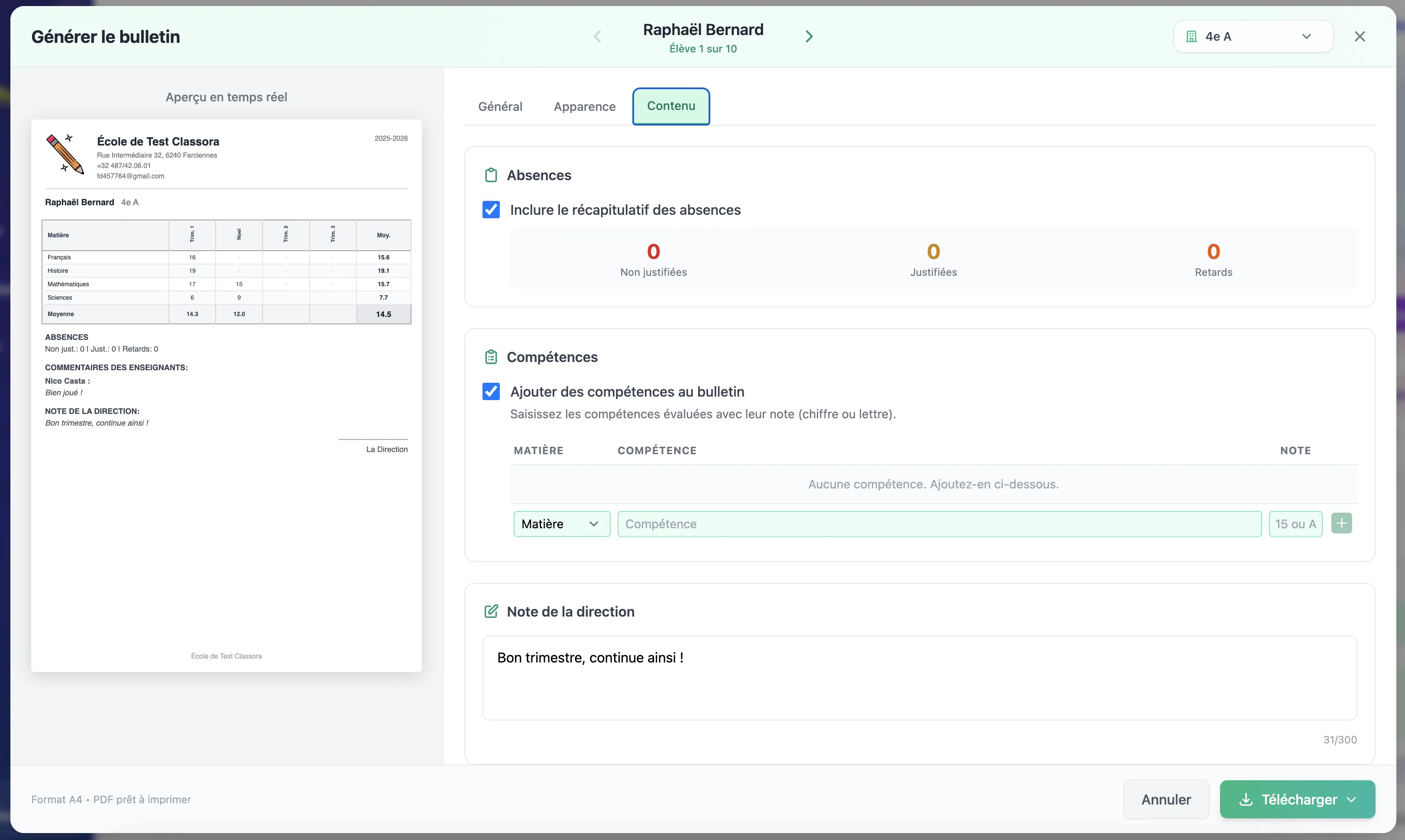 Bulletin scolaire généré avec Classora