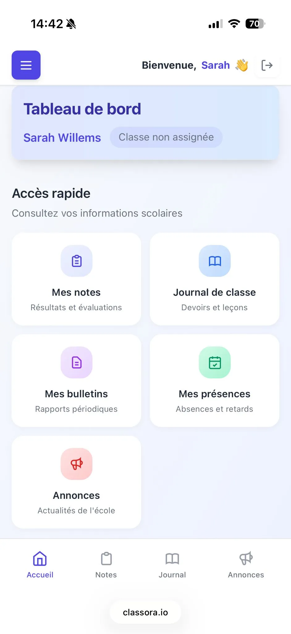 Portail élève Classora - consultation des notes