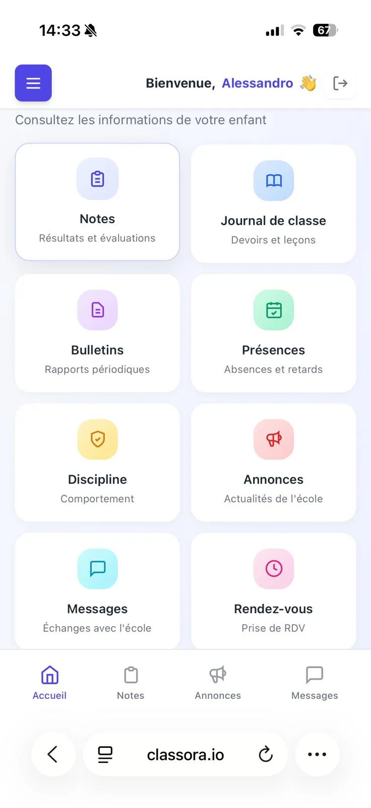 Portail parent Classora - suivi des notes de votre enfant