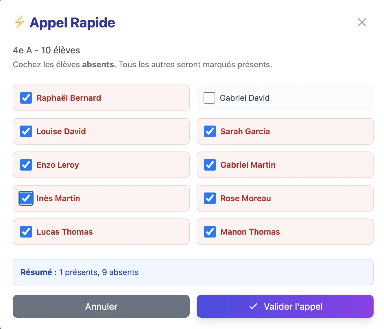 Appel rapide des présences Classora