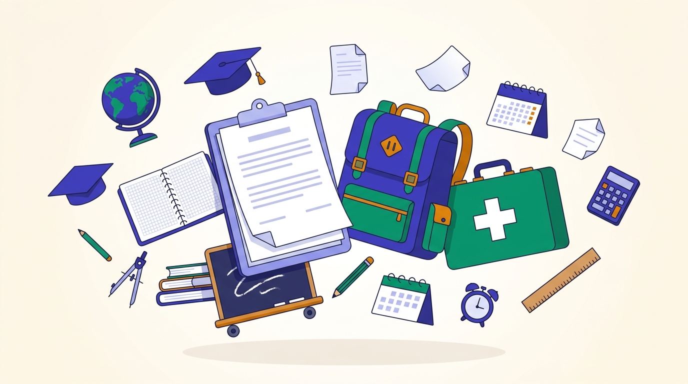 Organisation d'une sortie scolaire avec documents administratifs et matériel pédagogique