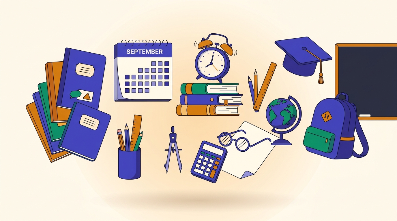 Bureau avec fournitures scolaires et calendrier pour préparer sa rentrée scolaire